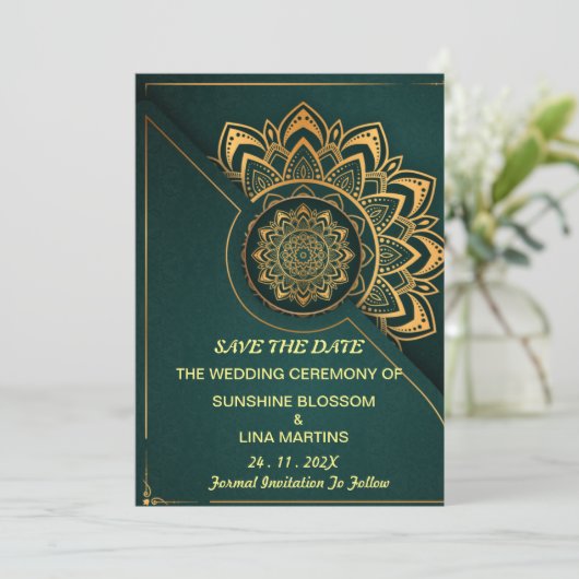 Skaymarts | Mandala kalligrafisch script opslaan Save The Date (Staand voorkant)
