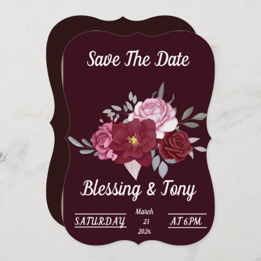 Skaymarts | Maroon Red Floral slaat de datum op Save The Date (Voorkant / Achterkant)