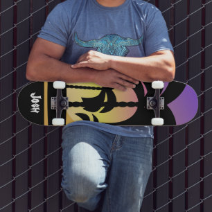 Skeelbord met paarse zwarte palmbomenpatroon persoonlijk skateboard