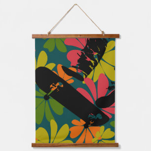 Skeelerboard Sprong 60s Bloemrijk Teal Helder Hangend Wandkleed