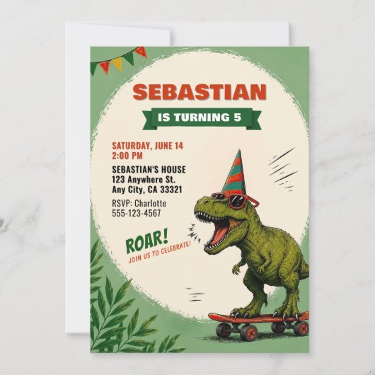 Skeelerende Dinosaurus Verjaardagsuitnodiging Kaart (Voorkant)