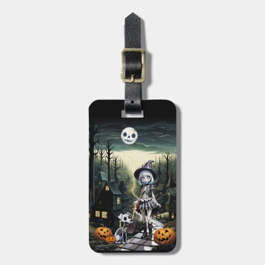 Skele meisje en haar pup in maanlicht bagagelabel (Voorkant verticaal)