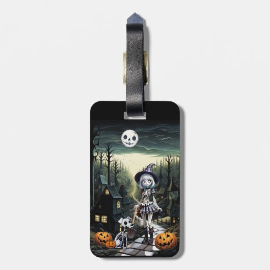 Skele meisje en haar pup in maanlicht bagagelabel (Achterkant verticaal)