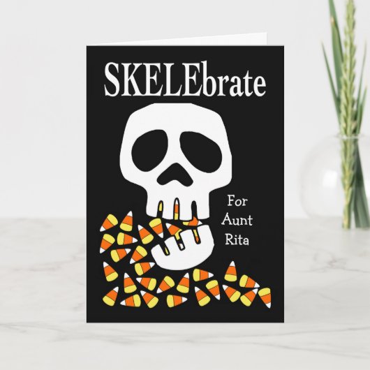 SKELEbrate Halloween Skull en Candy Corn for tante Kaart (Voorkant)