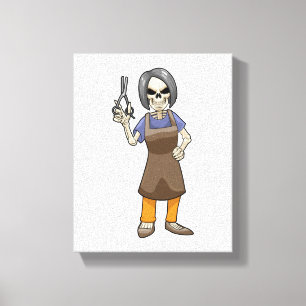 Skelet als hairdresser met schaar canvas afdruk