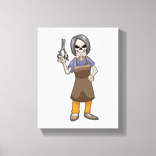 Skelet als hairdresser met schaar canvas afdruk (Voorkant)