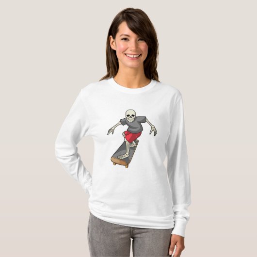 Skelet als Skater met skateboard T-shirt (Voorkant volledig)