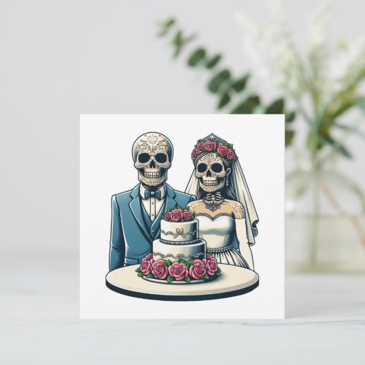 Skelet Bruid En bruidegom Trouwdag van dode Kunst Kaart (Staand voorkant)