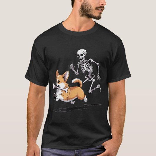 Skelet Chasing Corgi Halloween Dog T-shirt (Voorkant)