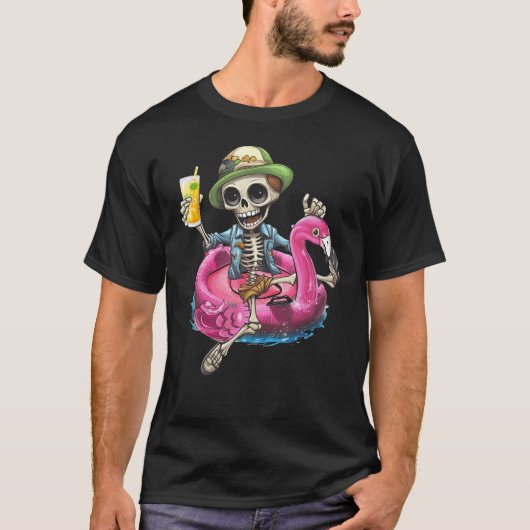 Skelet Chilling op Flamingo Lifeboy Halloween S T-shirt (Voorkant)
