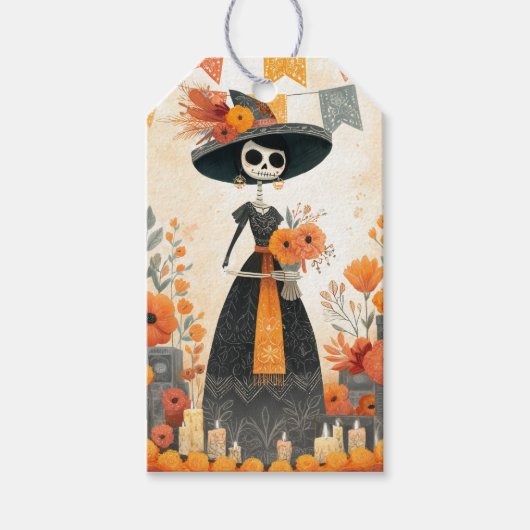 Skelet Dame La Catrina Dag van de Doden Cadeaulabel (Voorkant)