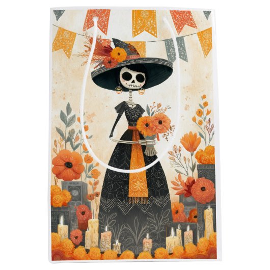 Skelet Dame La Catrina Dag van de Doden Medium Cadeauzakje (Voorkant)