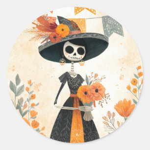 Skelet Dame La Catrina Dag van de Doden  Ronde Sticker
