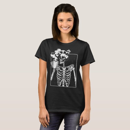 Skelet Drink Coffee Fun Skull Mannen Vrouwen Hallo T-shirt (Voorkant volledig)