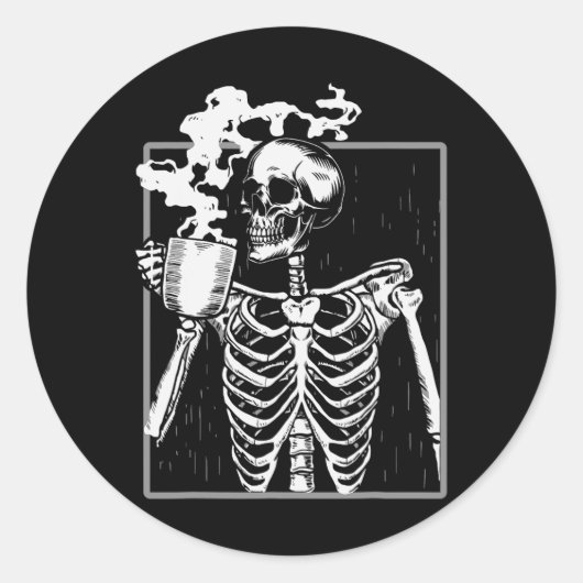 Skelet Drink Coffee Funny Skull Mannen Vrouwen Hal Ronde Sticker (Voorkant)