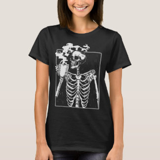 Skelet Drink Coffee Funny Skull Mannen Vrouwen Hal T-shirt