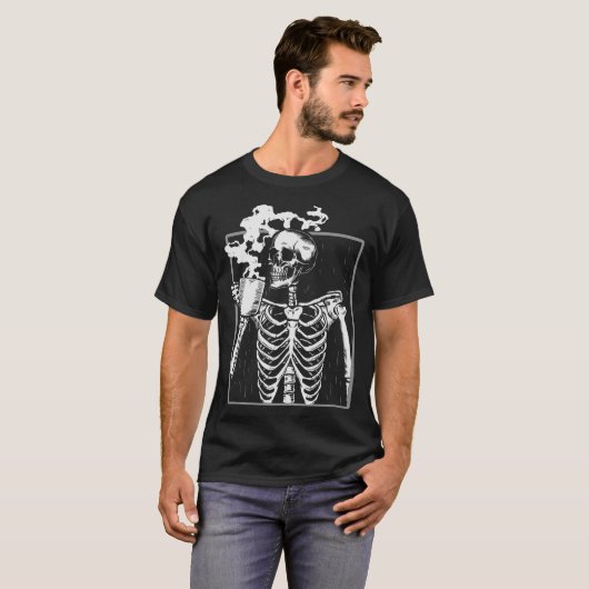 Skelet Drink Coffee Funny Skull Mannen Vrouwen Hal T-shirt (Voorkant volledig)