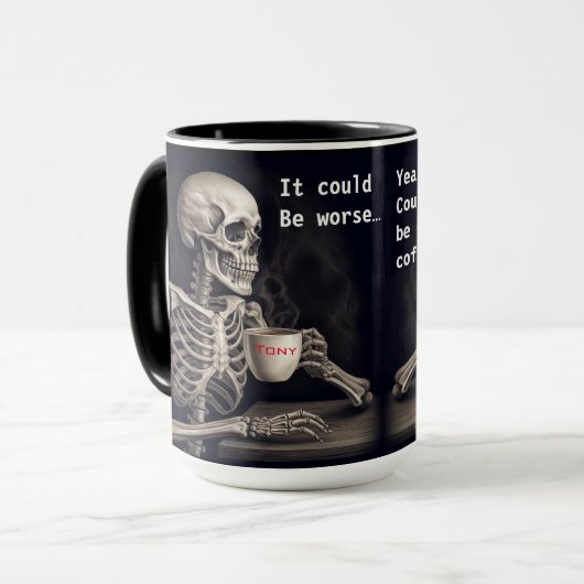 Skelet drink koffie met vriend mok (Voorkant links)