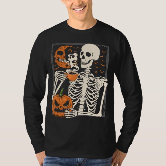 Skelet Drink Koffieliefhebber Halloween Skull ML T-shirt (Voorkant)