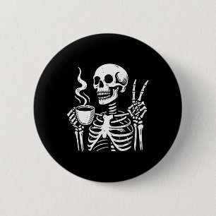 Skelet Drinkt Koffie Gotische Vredesteken Hallowee Ronde Button 5,7 Cm