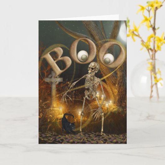 Skelet en graf Halloween Kaart (Gele Bloem)