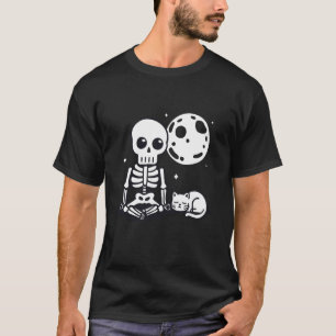 Skelet en Kat met Volle Maan Halloween T-shirt