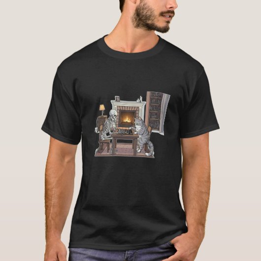 Skelet en kat schaken spelend t-shirt (Voorkant)