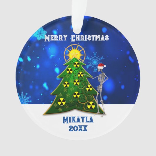 Skelet- en kerstboom met stralingssymbolen ornament (voorkant)