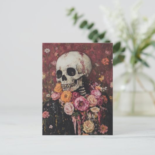Skelet en roze bloemen Briefkaart (Staand voorkant)