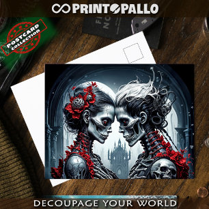 Skelet en schedels verliefd briefkaart