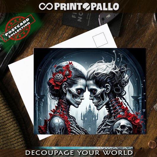 Skelet en schedels verliefd briefkaart