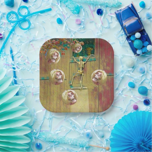 Skelet en spottende hoofden Halloween Papieren Bordje (Feest)
