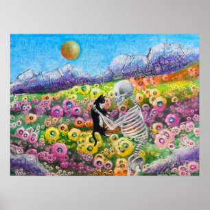 Skelet en Tuxedo Cat in Flowers Love Poster