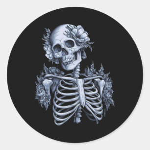 Skelet Floral Skull Halloween Gothic Occult Vrouwe Ronde Sticker