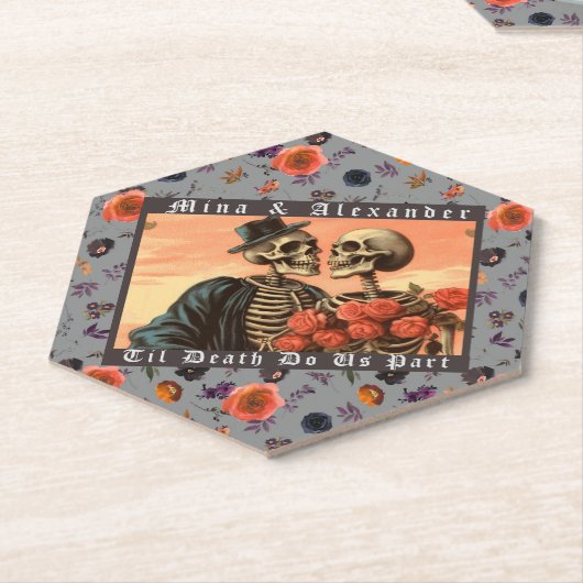  Skelet Gothic Donker Bloemen Bruiloft Kartonnen Onderzetters (Schuin)