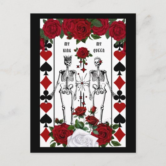 Skelet gotisch paar koningin feestdagenkaart (Voorkant)