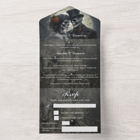 Skelet Gotische Bruiloft All In One Uitnodiging (Binnen)