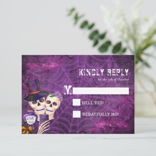 Skelet Halloween bruiloft RSVP Kaartje (Staand voorkant)