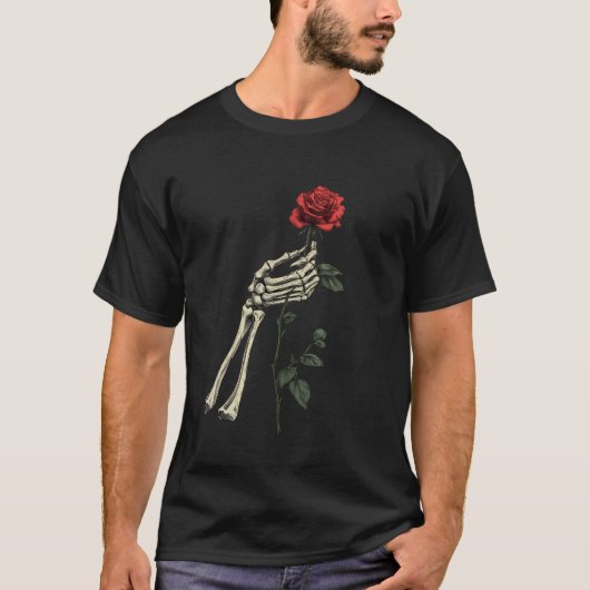 Skelet hand die rode roos vasthoudt t-shirt (Voorkant)