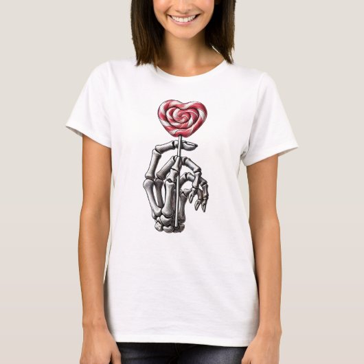 Skelet Hand Holding Heart Lollipop T-shirt (Voorkant)