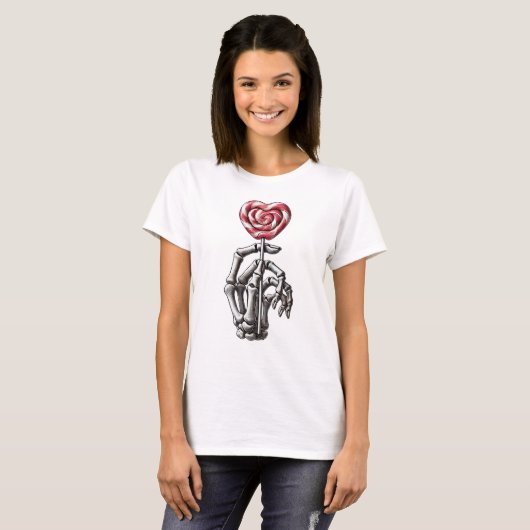 Skelet Hand Holding Heart Lollipop T-shirt (Voorkant volledig)