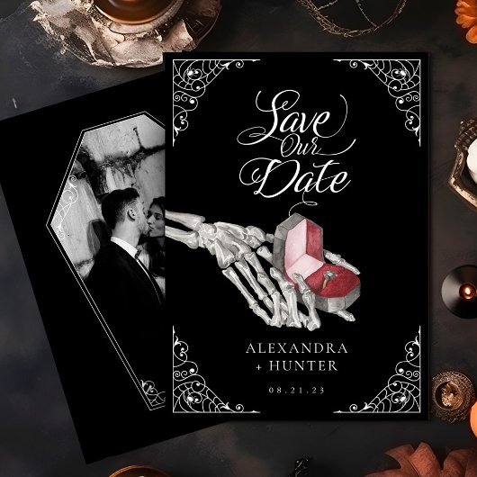 Skelet Hand Ring Gotische Bruiloft Save the Date Kaart