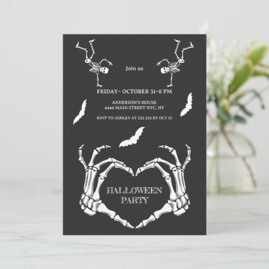 Skelet Handen Hart met Dansende Skeletten & Vleerm Kaart (Staand voorkant)