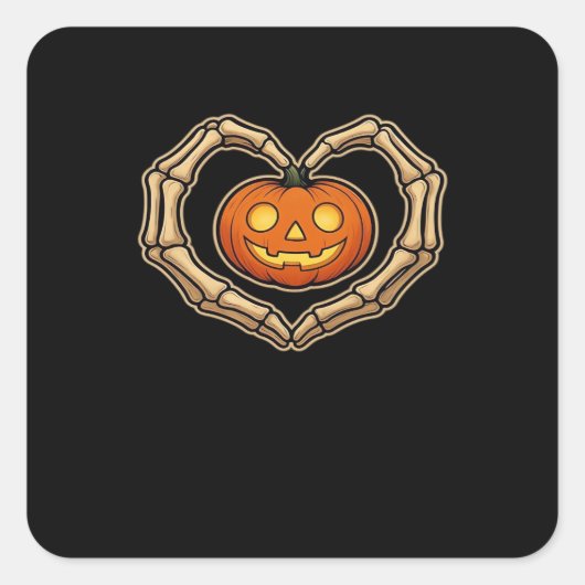 Skelet Handen Hart Met Pompoen Schattige Spooky Ha Vierkante Sticker (Voorkant)