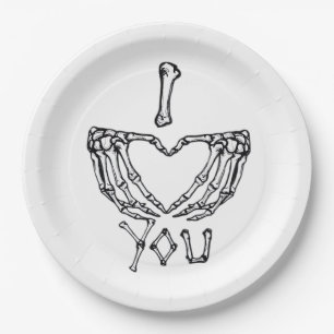 Skelet handen maken een hart papieren bordje