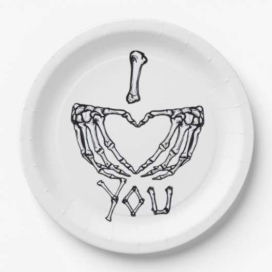 Skelet handen maken een hart papieren bordje (Voorkant)
