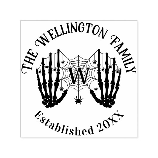 Skelet Handen Spiderweb Init Familienaam ESTD Zelfinktende Stempel (Design)