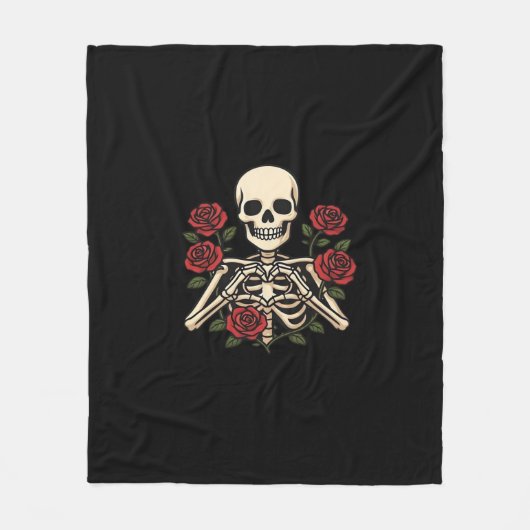 Skelet Hart Handen Met Rode Rozen – Romantisch Got Fleece Deken (Voorkant)