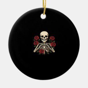 Skelet Hart Handen Met Rode Rozen – Romantisch Got Keramisch Ornament