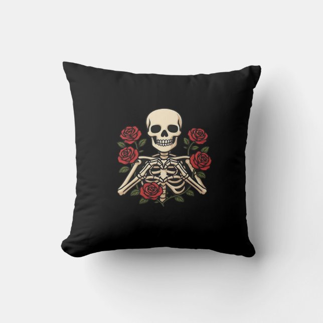 Skelet Hart Handen Met Rode Rozen – Romantisch Got Kussen (Voorkant)
